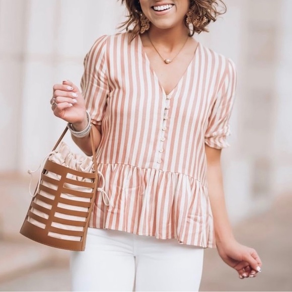 Madewell Tops - Madewell Soft Red and White Stripe Short Sleeve Lightweight Peplum Blouse Size L